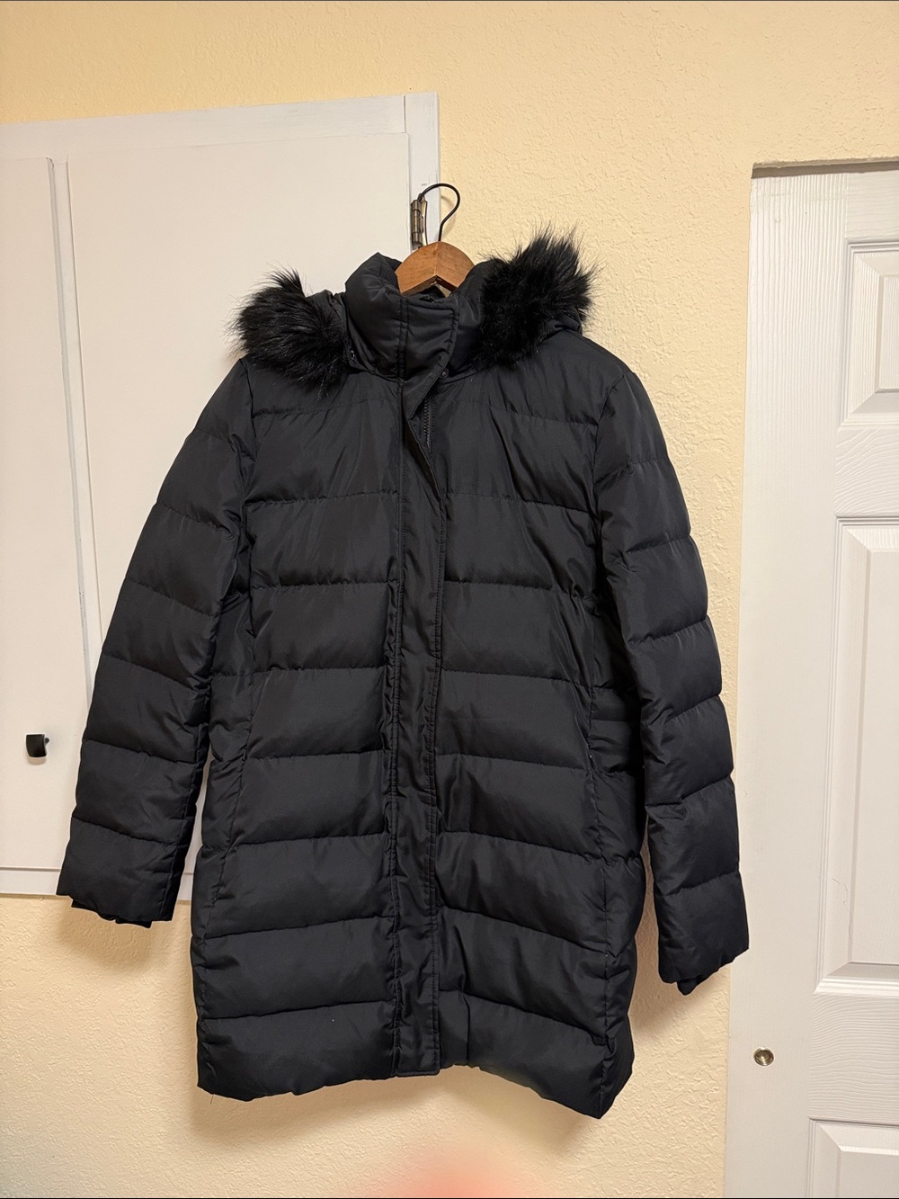 Lands' End Black Quilted Puffer Coat with Faux Fur Hood